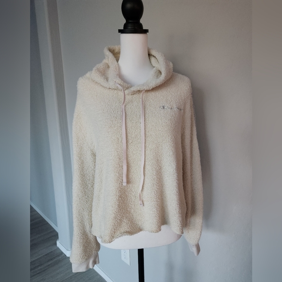 Champion Cream Teddy Fleece Semi Cropped Hoodie Sweater Long Sleeve Stripe Sz XL - Picture 2 of 12